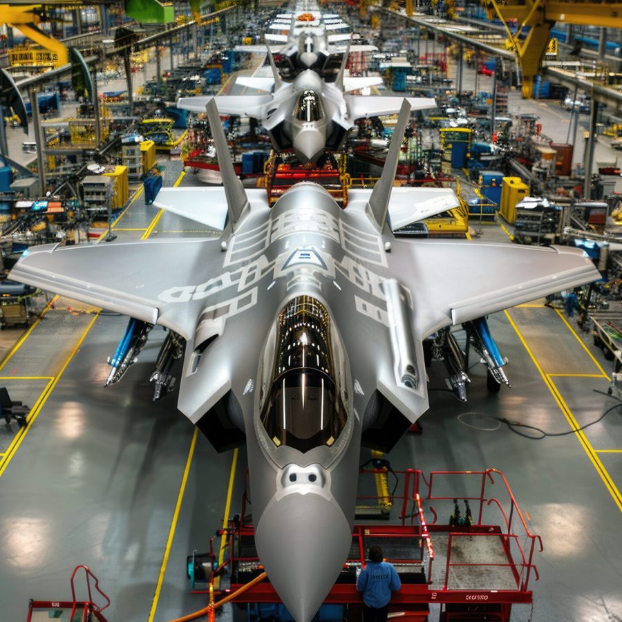 Futuristic airplanes being built at modern aerospace factory, military aircrafts are in assembly shop of plant. Concept of plane, industry, manufacturing, fighter, machinery, war. Generative AI